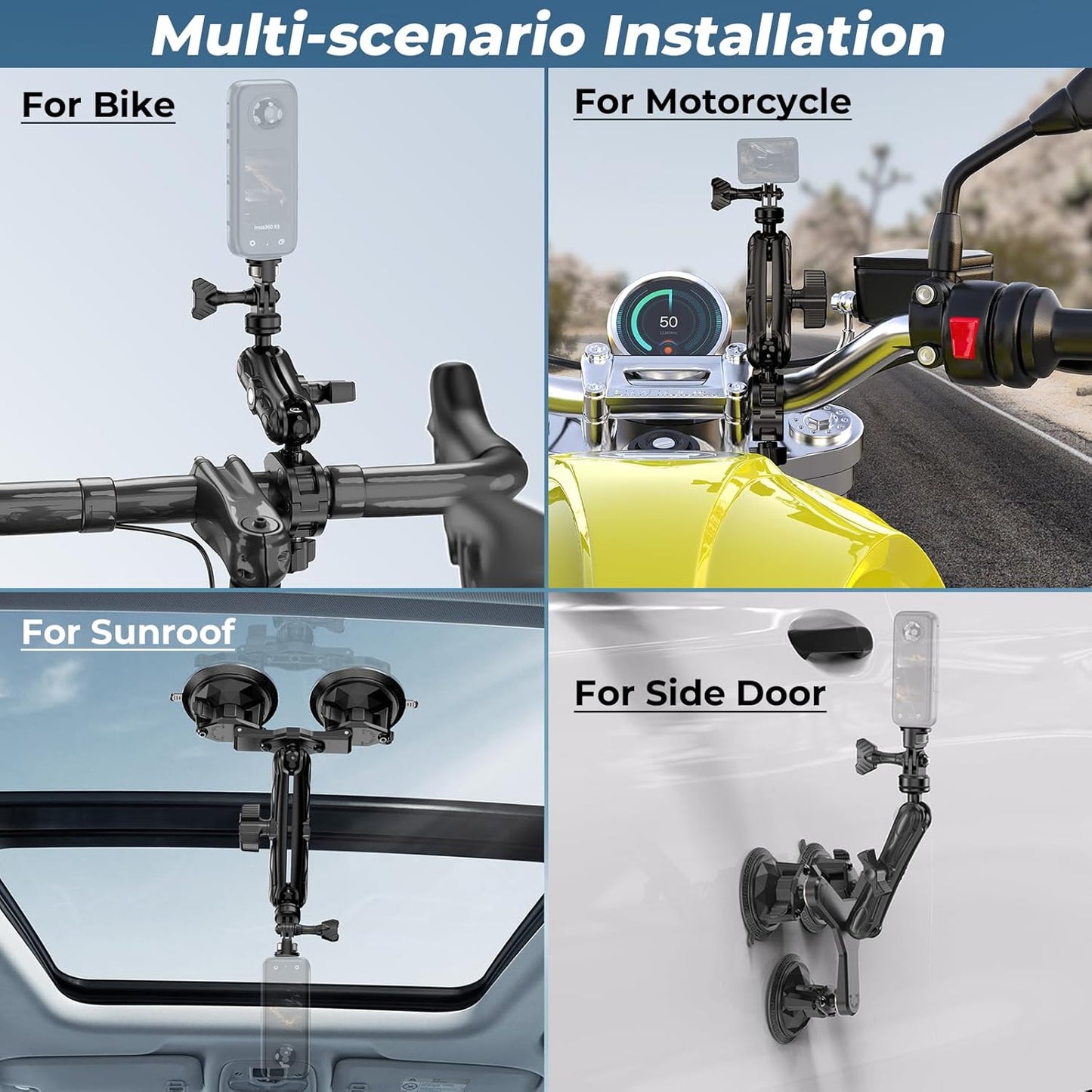 Five Suction Cup Car Mount with Aluminum Alloy Extendable Selfie Stick, 3.5' Twist-Lock Large Suction Cup Car Camera