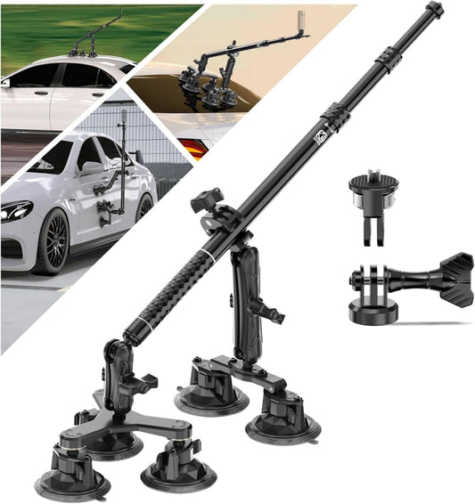 Five Suction Cup Car Mount with Aluminum Alloy Extendable Selfie Stick, 3.5' Twist-Lock Large Suction Cup Car Camera