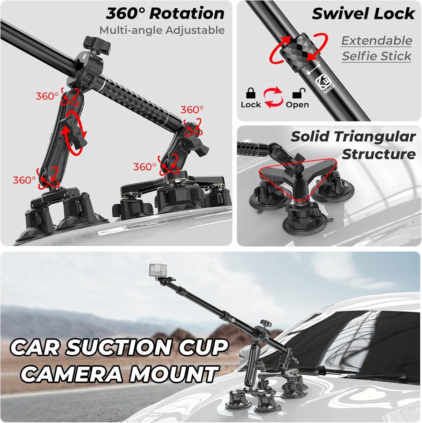 Five Suction Cup Car Mount with Aluminum Alloy Extendable Selfie Stick, 3.5' Twist-Lock Large Suction Cup Car Camera