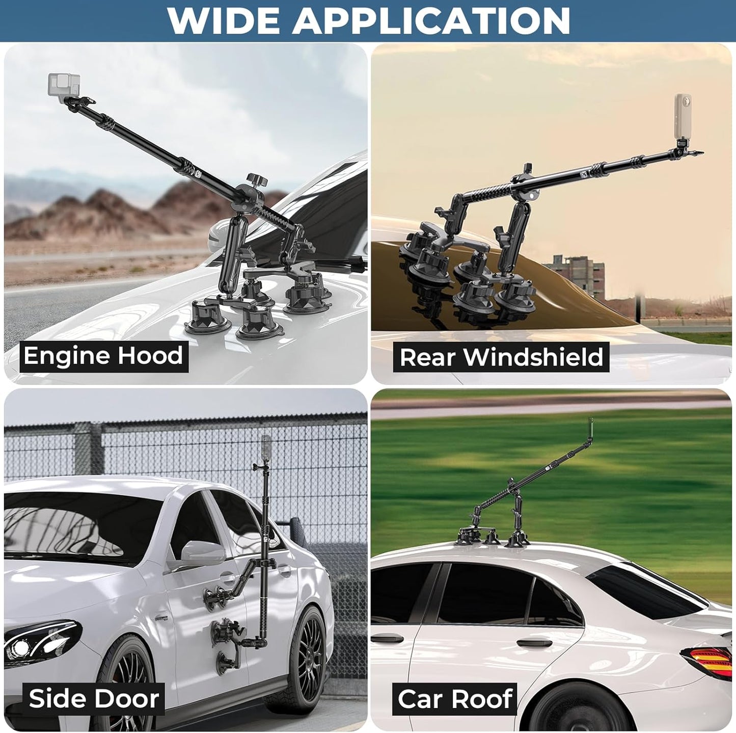 Five Suction Cup Car Mount with Aluminum Alloy Extendable Selfie Stick, 3.5' Twist-Lock Large Suction Cup Car Camera