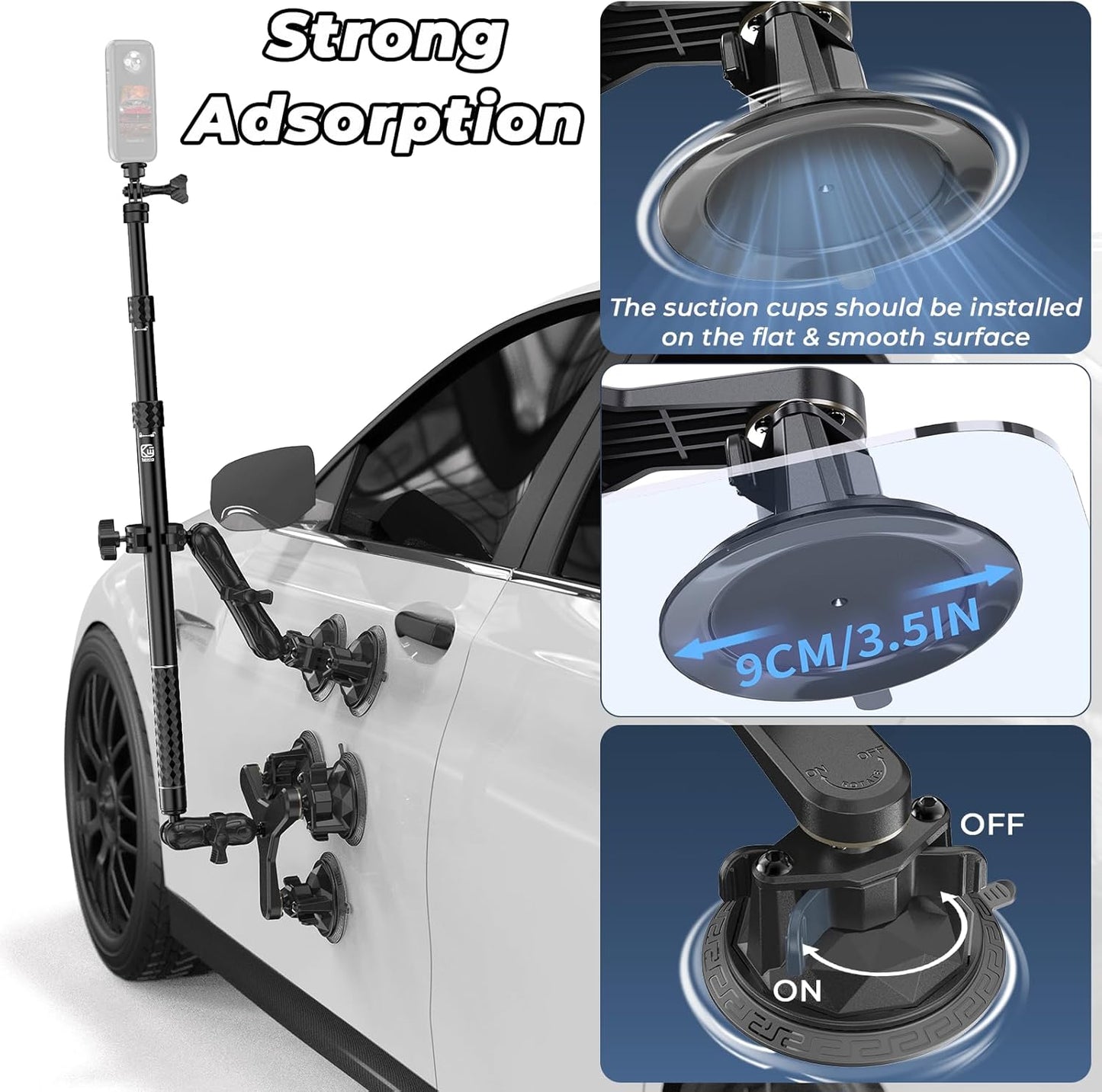 Five Suction Cup Car Mount with Aluminum Alloy Extendable Selfie Stick, 3.5' Twist-Lock Large Suction Cup Car Camera