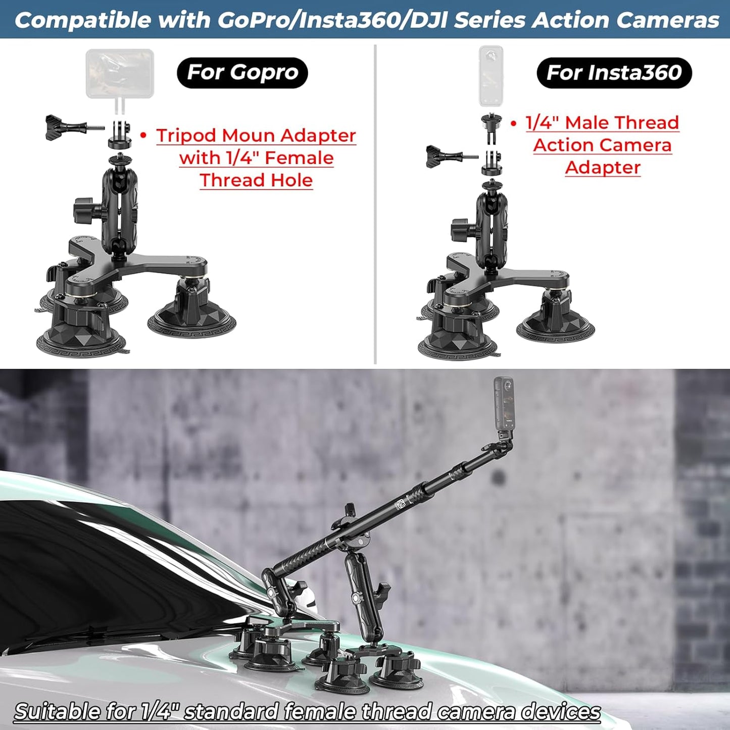 Five Suction Cup Car Mount with Aluminum Alloy Extendable Selfie Stick, 3.5' Twist-Lock Large Suction Cup Car Camera