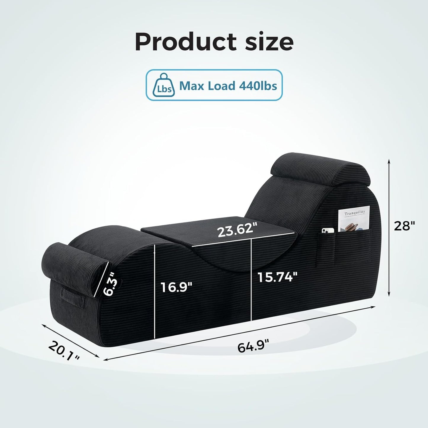 Yoga Chairs for Adults, Ergonomic Chaise Lounge Chair Indoor with Side Pocket, Lumbar Pillow, Ottoman