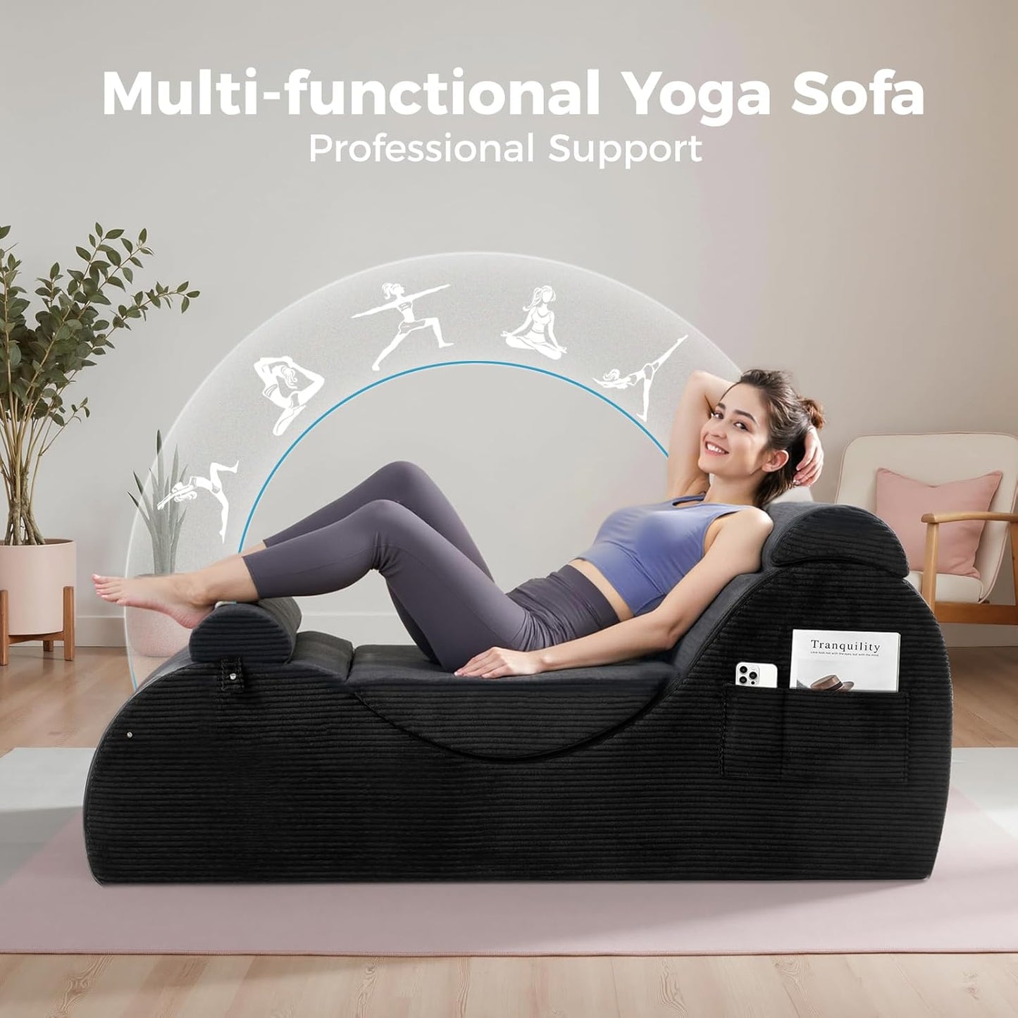 Yoga Chairs for Adults, Ergonomic Chaise Lounge Chair Indoor with Side Pocket, Lumbar Pillow, Ottoman