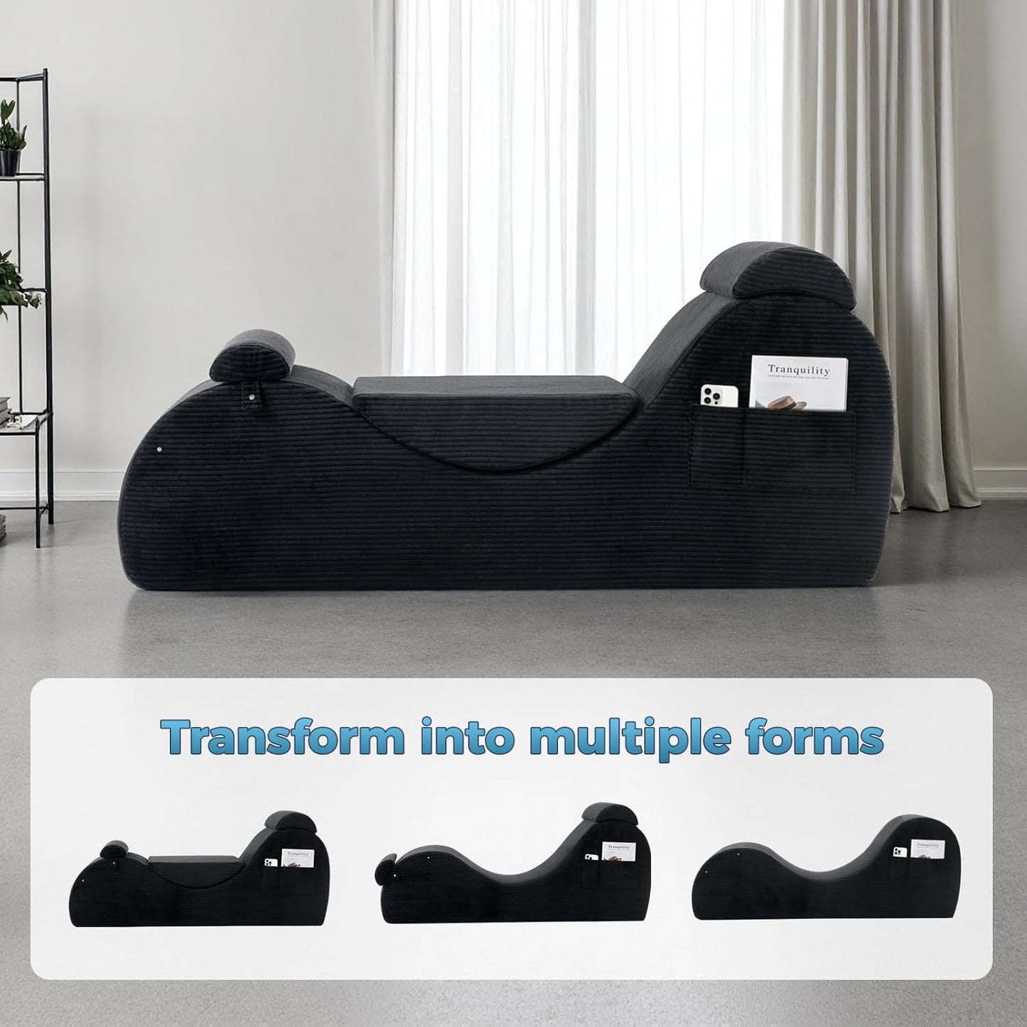 Yoga Chairs for Adults, Ergonomic Chaise Lounge Chair Indoor with Side Pocket, Lumbar Pillow, Ottoman