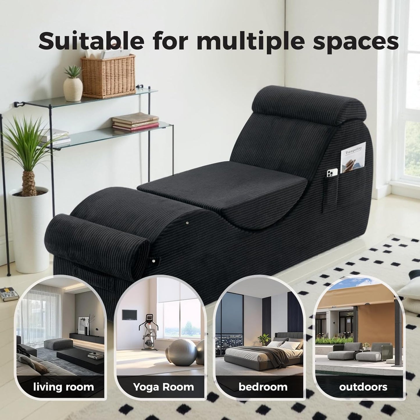 Yoga Chairs for Adults, Ergonomic Chaise Lounge Chair Indoor with Side Pocket, Lumbar Pillow, Ottoman