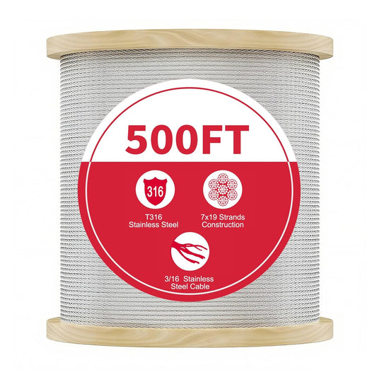 500FT 3/16 Stainless Steel Cable for Deck Railings System 7 x 19 Strand Construction Aircraft Cable for Rail Deck and DIY Balustrade (500FT)