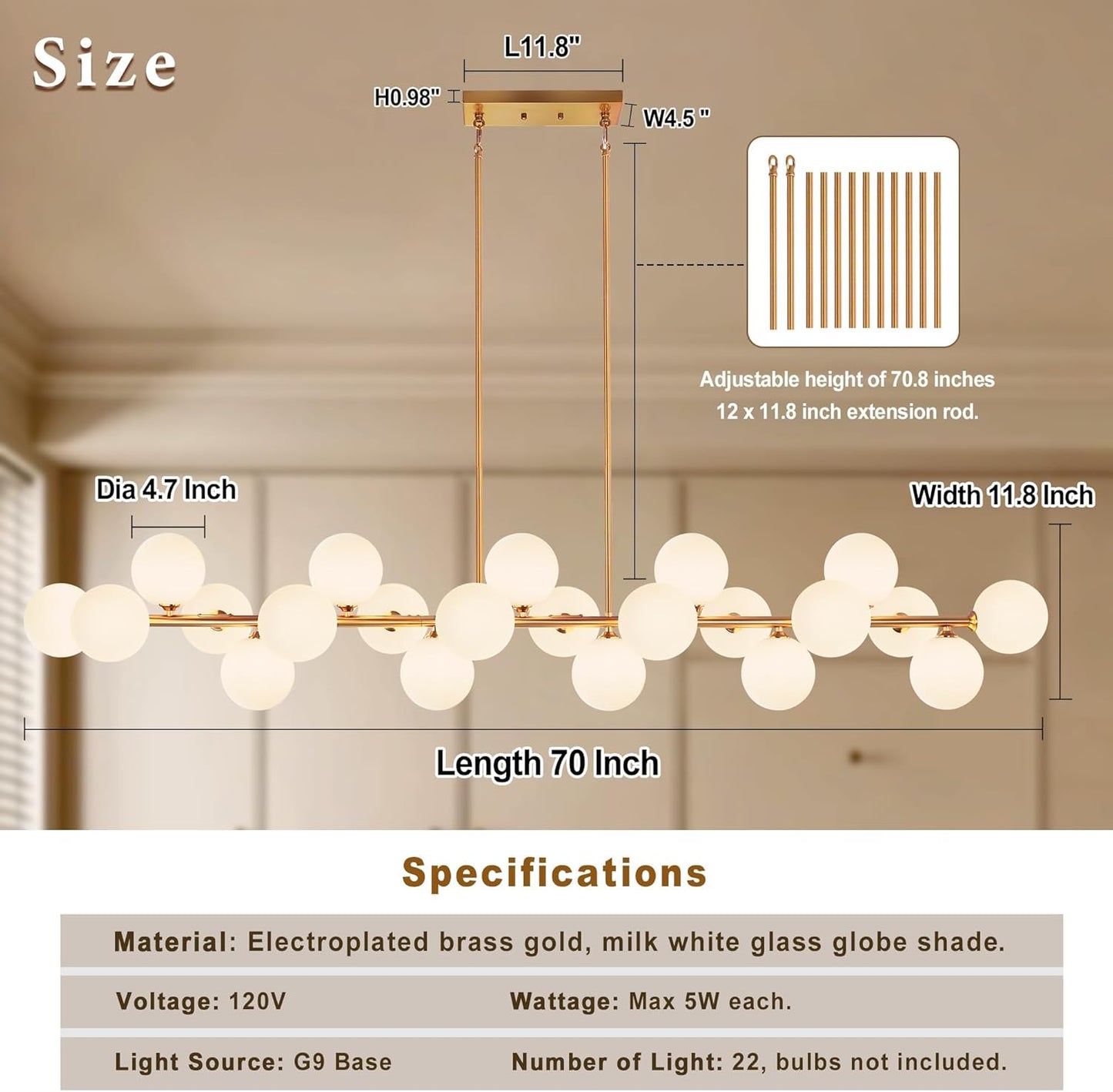 Linear Chandelier, Gold Mid Century Modern Globe, Linear with White Glass Lampshade, 70' Diamter, 22 Lights