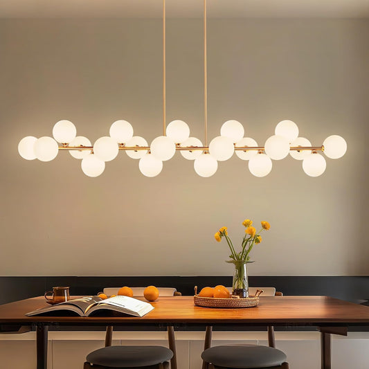Linear Chandelier, Gold Mid Century Modern Globe, Linear with White Glass Lampshade, 70' Diamter, 22 Lights