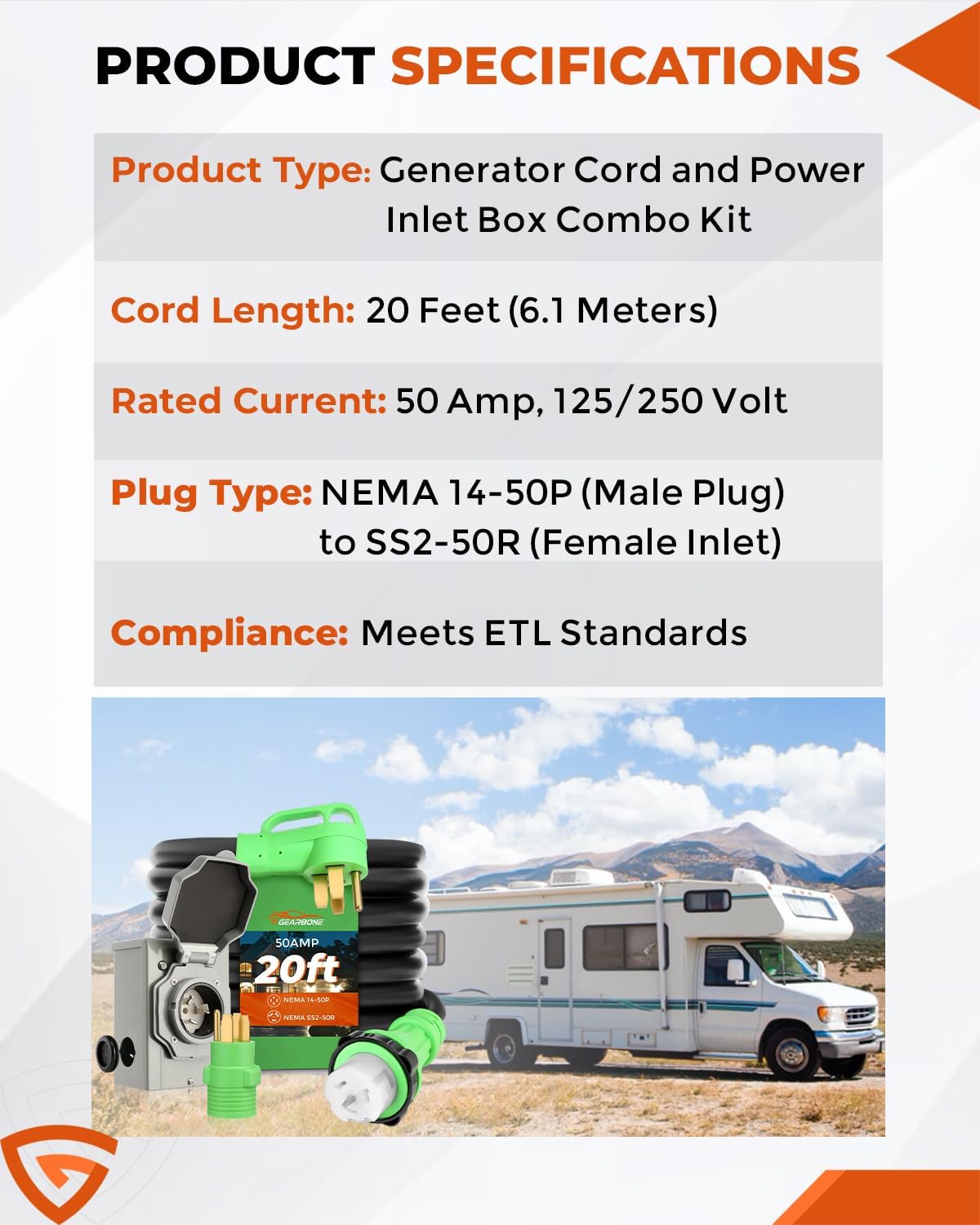 50Amp Generator Cord & Power Inlet Box Kit, 20 Ft Heavy-Duty Twist Lock Ext. Cord, ETL Listed