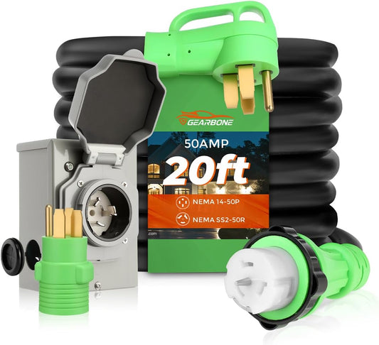 50Amp Generator Cord & Power Inlet Box Kit, 20 Ft Heavy-Duty Twist Lock Ext. Cord, ETL Listed