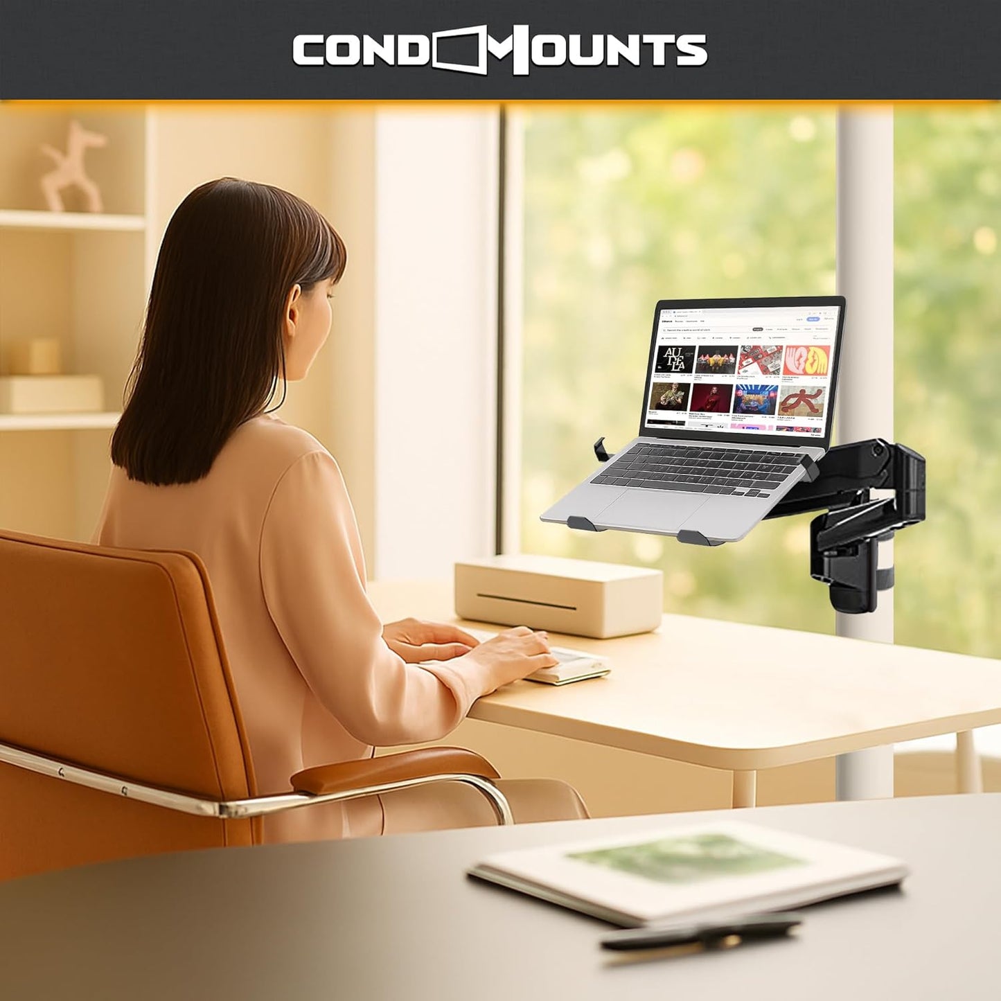 Ergonomic Laptop Mount for Poles, Fits Devices Up to 19', 360degree Rotation, Anti-Slip Tray