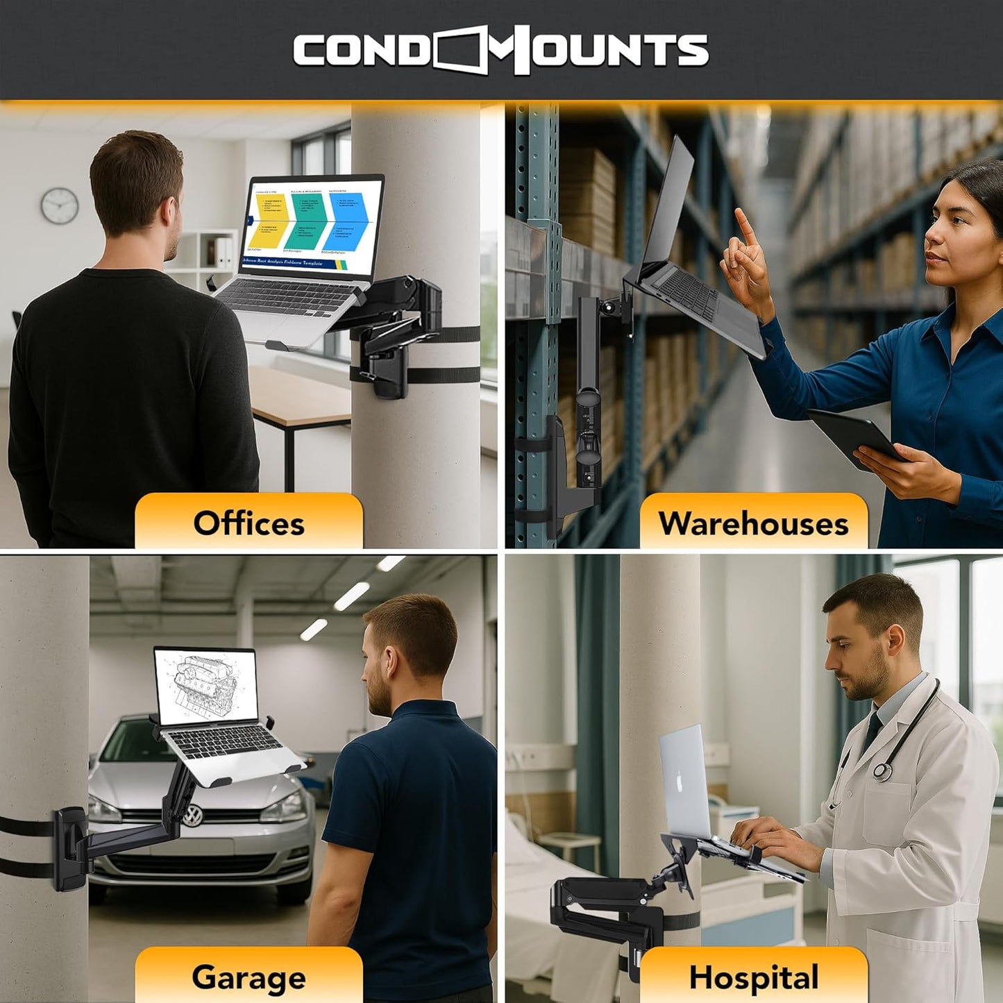 Ergonomic Laptop Mount for Poles, Fits Devices Up to 19', 360degree Rotation, Anti-Slip Tray