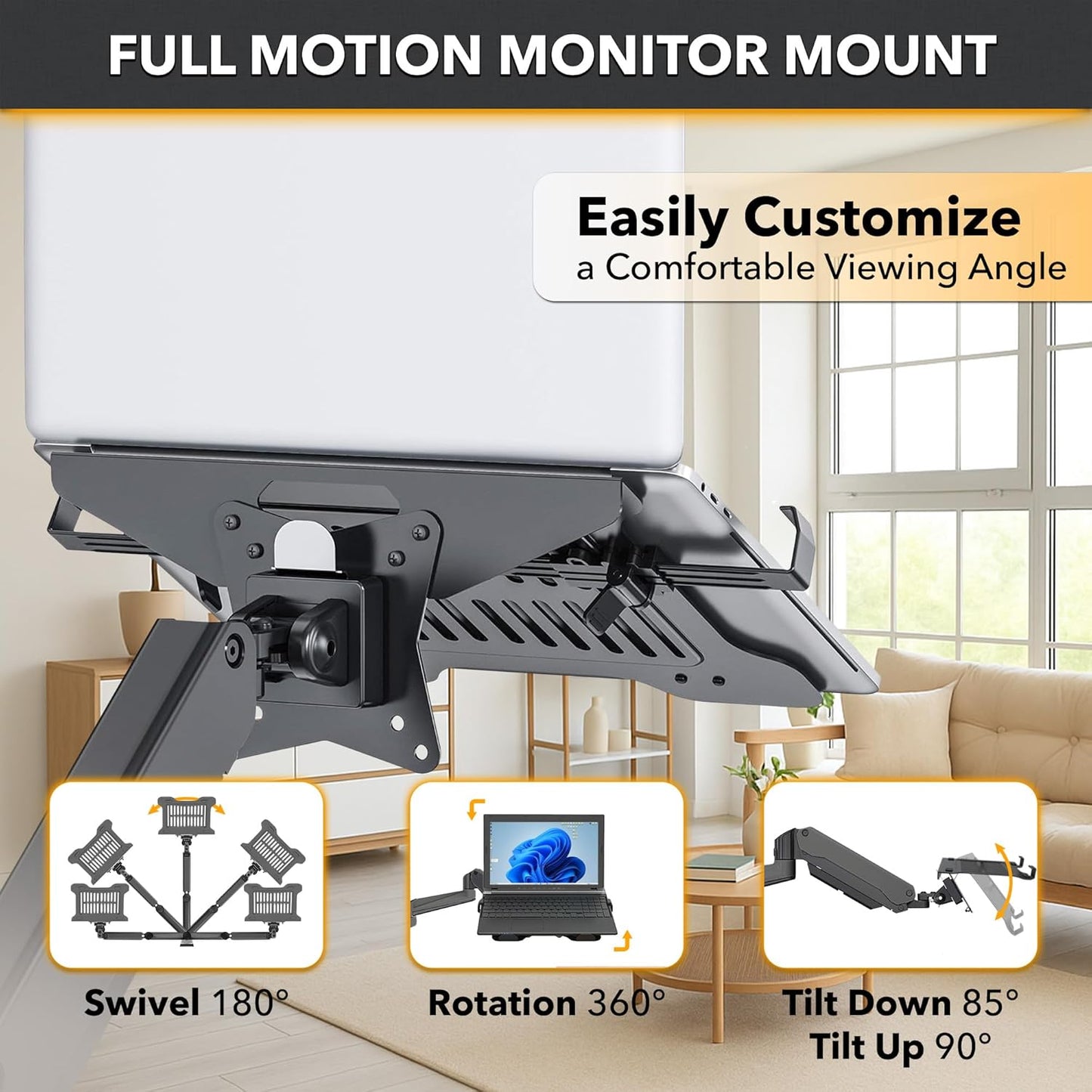 Ergonomic Laptop Mount for Poles, Fits Devices Up to 19', 360degree Rotation, Anti-Slip Tray