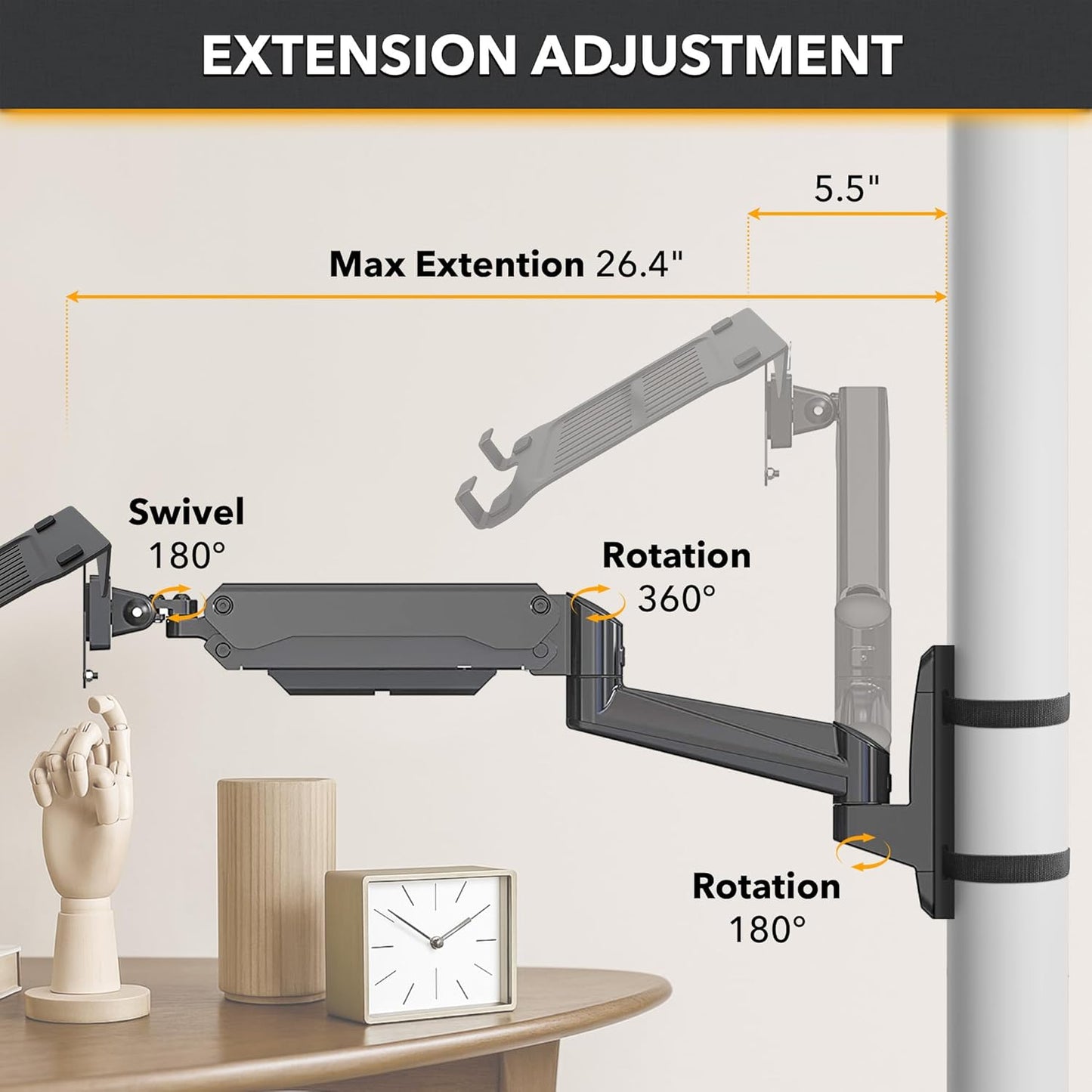 Ergonomic Laptop Mount for Poles, Fits Devices Up to 19', 360degree Rotation, Anti-Slip Tray