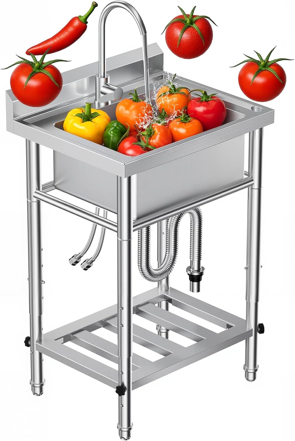 23'W Compact Utility Sink 18/8 Stainless Steel Portable Ergonomic Sinks with 4-Height Adjustable & 360° Swivel
