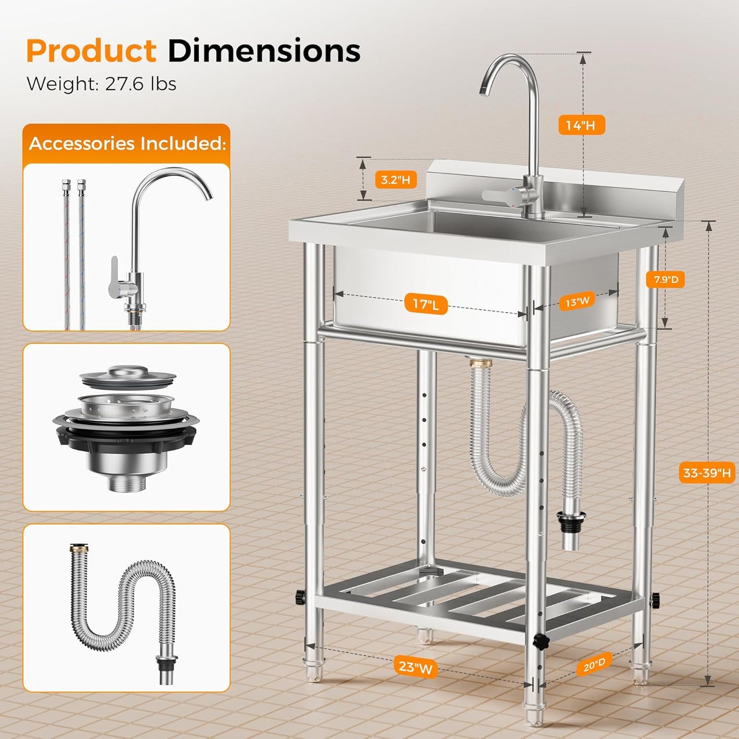 23'W Compact Utility Sink 18/8 Stainless Steel Portable Ergonomic Sinks with 4-Height Adjustable & 360° Swivel