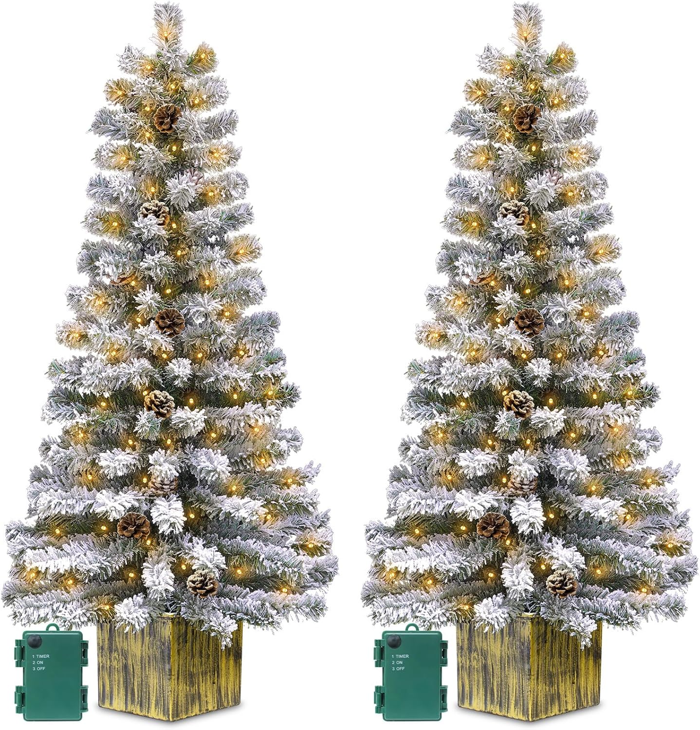 7' Large Base & Timer, 2 Pack 4 Ft Snow Flocked Christmas Entrance Tree with 60 LEDs Warm White Light Battery