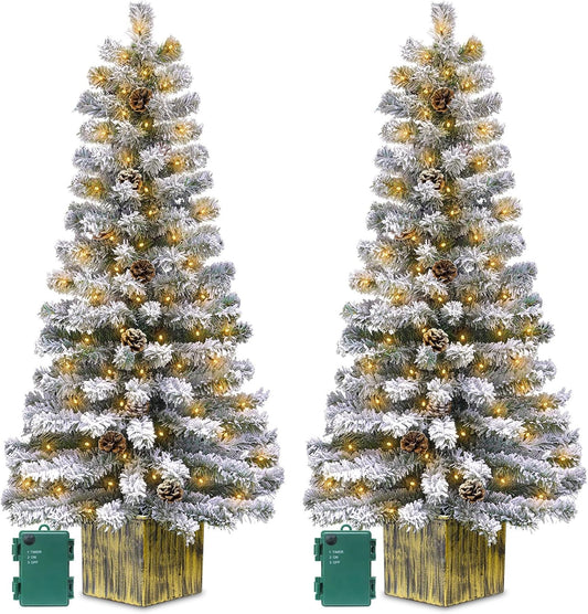 7' Large Base & Timer, 2 Pack 4 Ft Snow Flocked Christmas Entrance Tree with 60 LEDs Warm White Light Battery