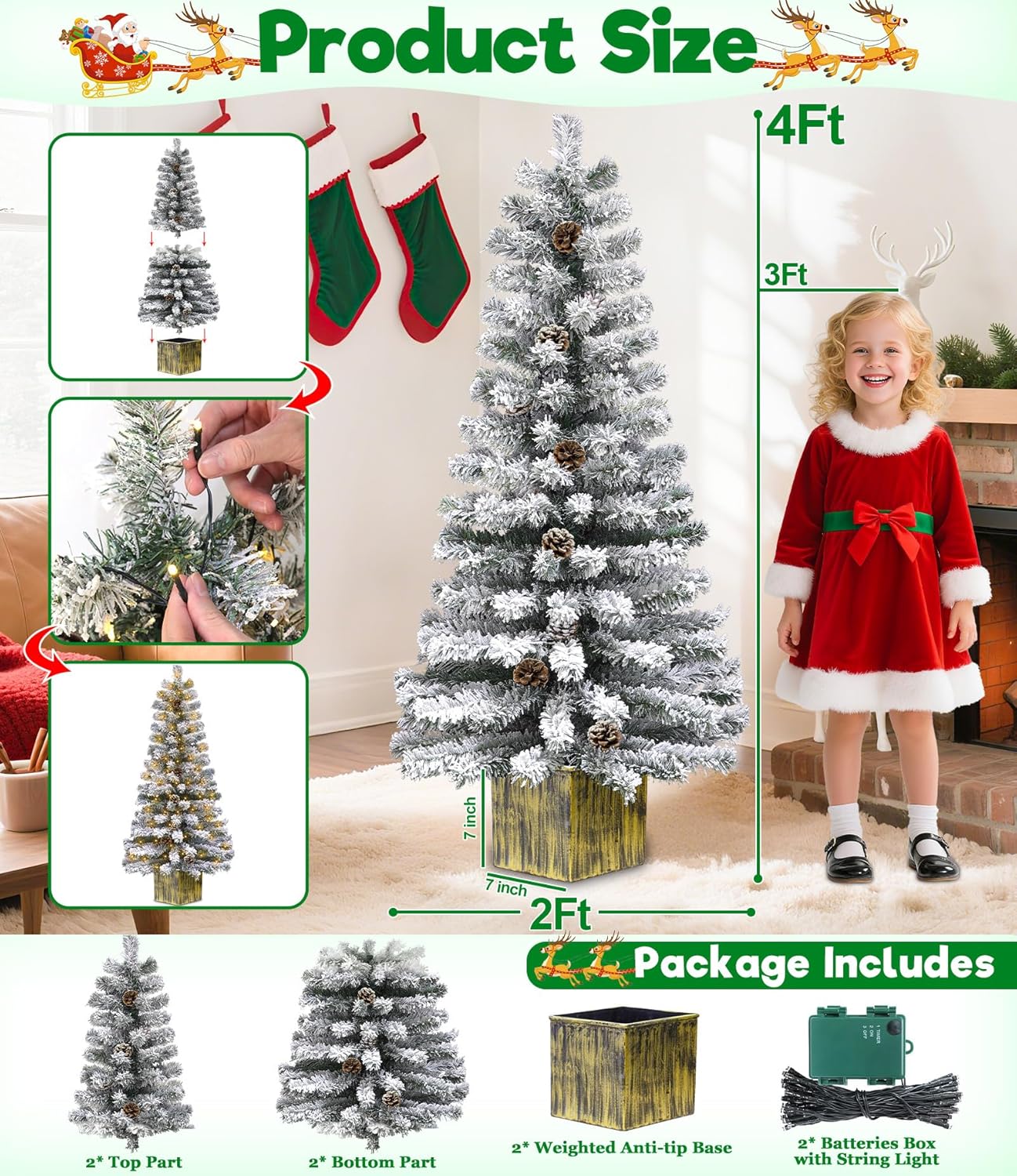 7' Large Base & Timer, 2 Pack 4 Ft Snow Flocked Christmas Entrance Tree with 60 LEDs Warm White Light Battery