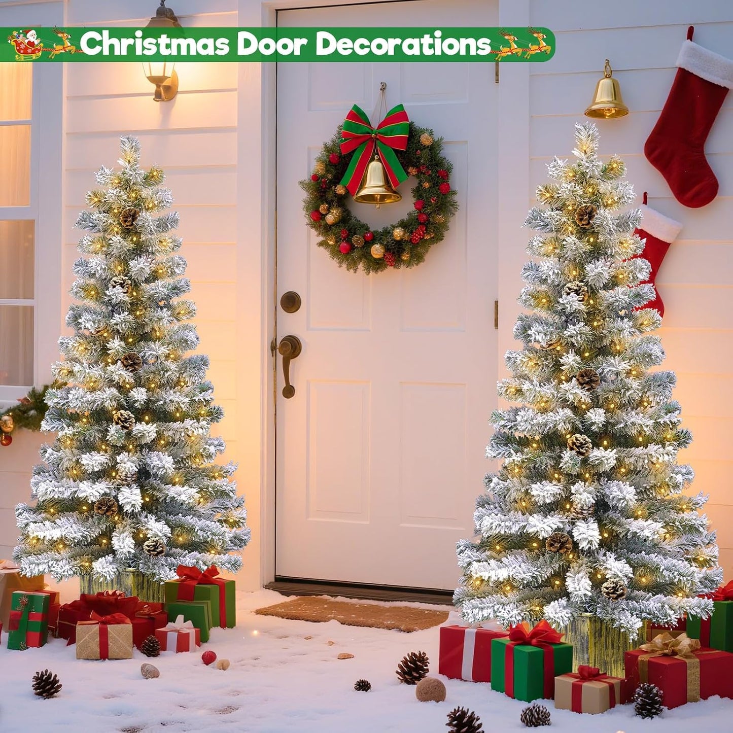7' Large Base & Timer, 2 Pack 4 Ft Snow Flocked Christmas Entrance Tree with 60 LEDs Warm White Light Battery