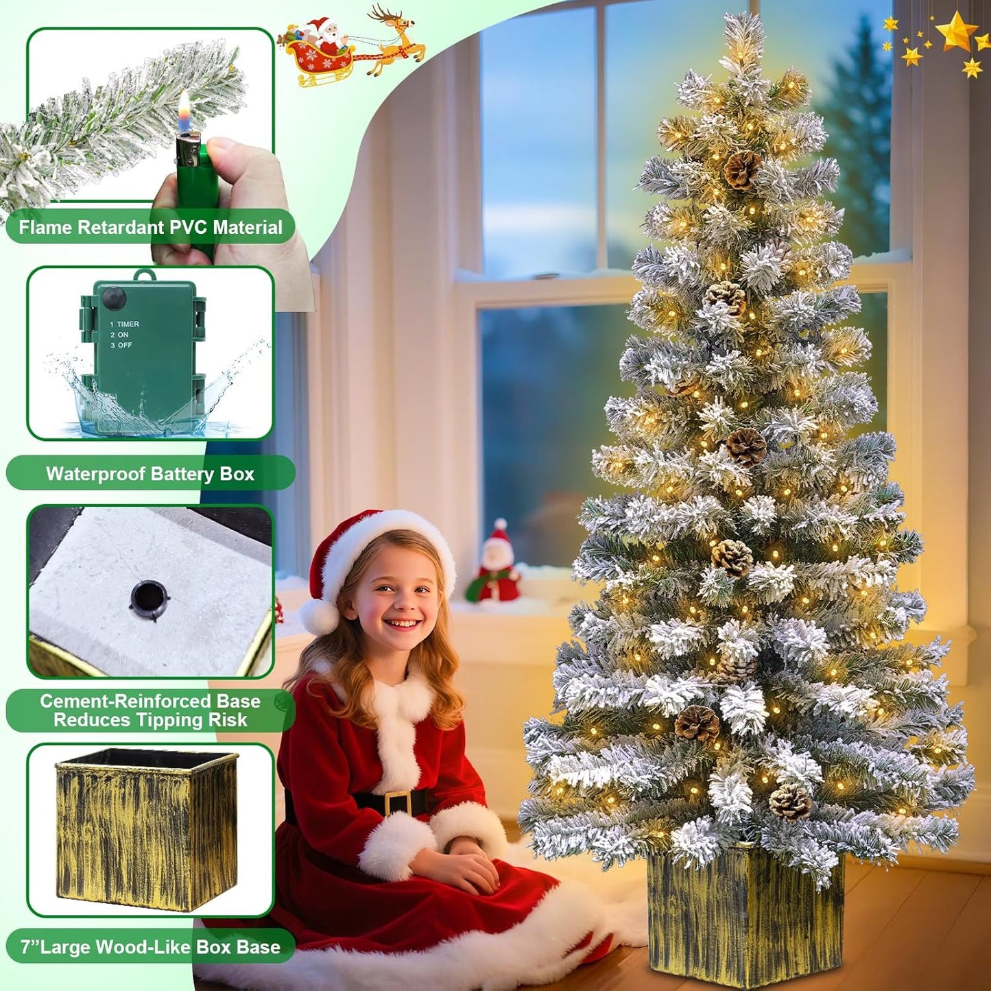 7' Large Base & Timer, 2 Pack 4 Ft Snow Flocked Christmas Entrance Tree with 60 LEDs Warm White Light Battery