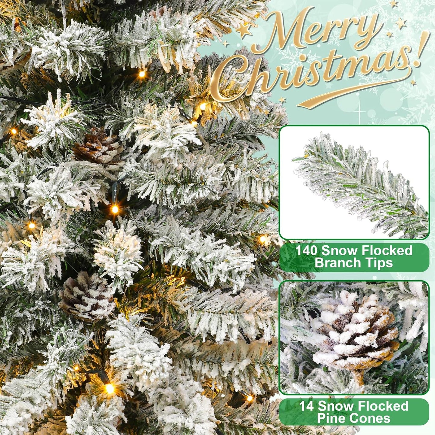 7' Large Base & Timer, 2 Pack 4 Ft Snow Flocked Christmas Entrance Tree with 60 LEDs Warm White Light Battery