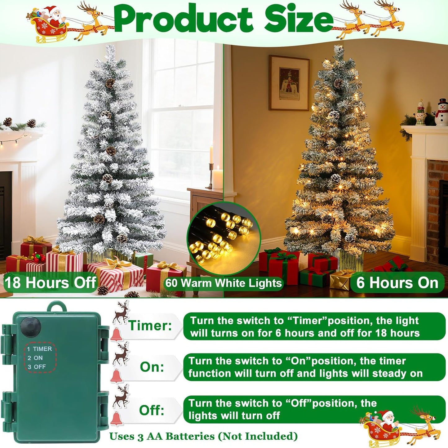 7' Large Base & Timer, 2 Pack 4 Ft Snow Flocked Christmas Entrance Tree with 60 LEDs Warm White Light Battery