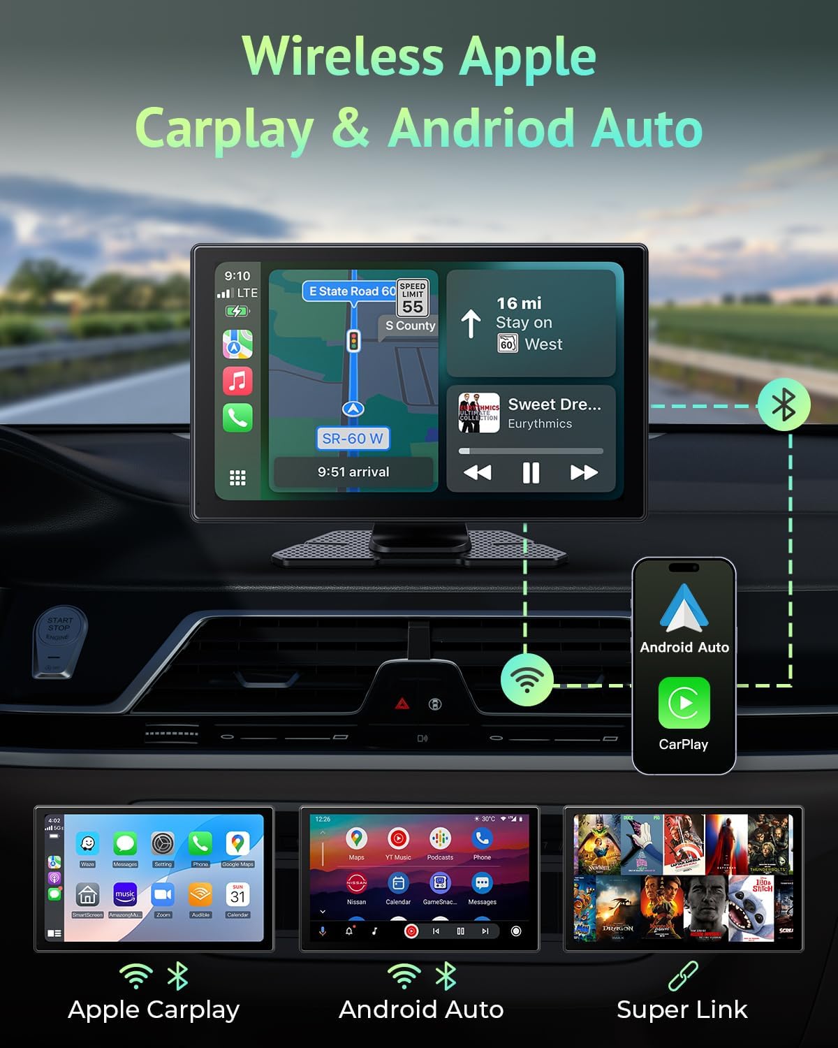 2025 Upgraded Apple Carplay Screen for Car, 4K Dash Cam, Backup Camera, Portable 9' HD IPS,GPS ,