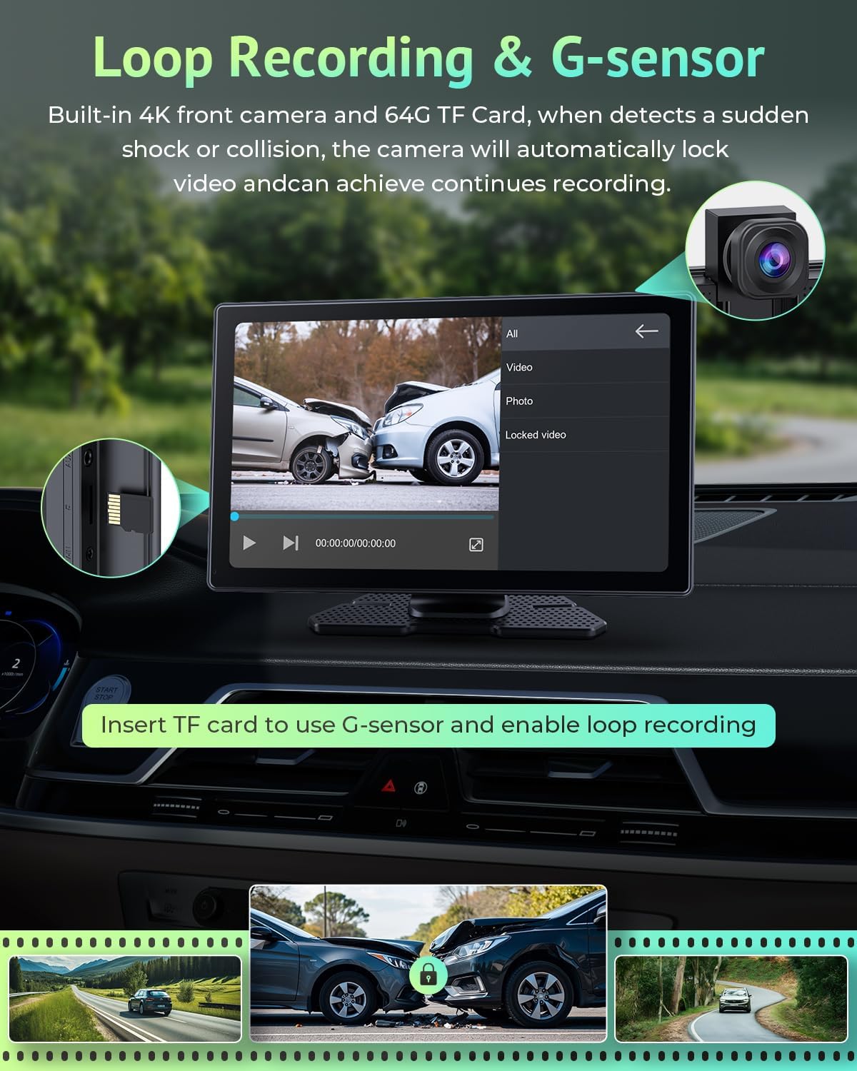 2025 Upgraded Apple Carplay Screen for Car, 4K Dash Cam, Backup Camera, Portable 9' HD IPS,GPS ,