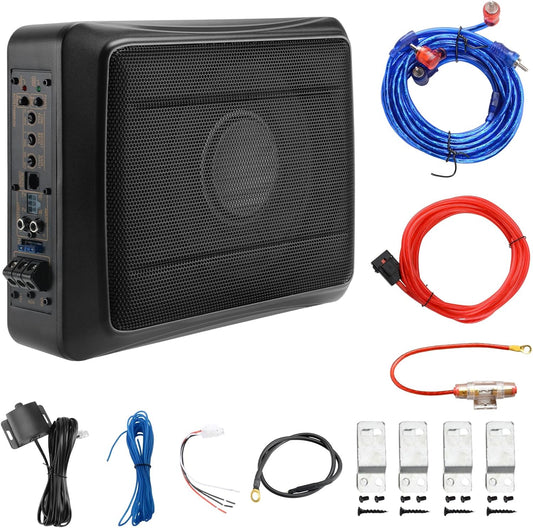 10' 600W Powered Car Subwoofer, Built-in Amplifier, 220W RMS, 20Hz-150Hz, Slim Under Seat Design, High/Low