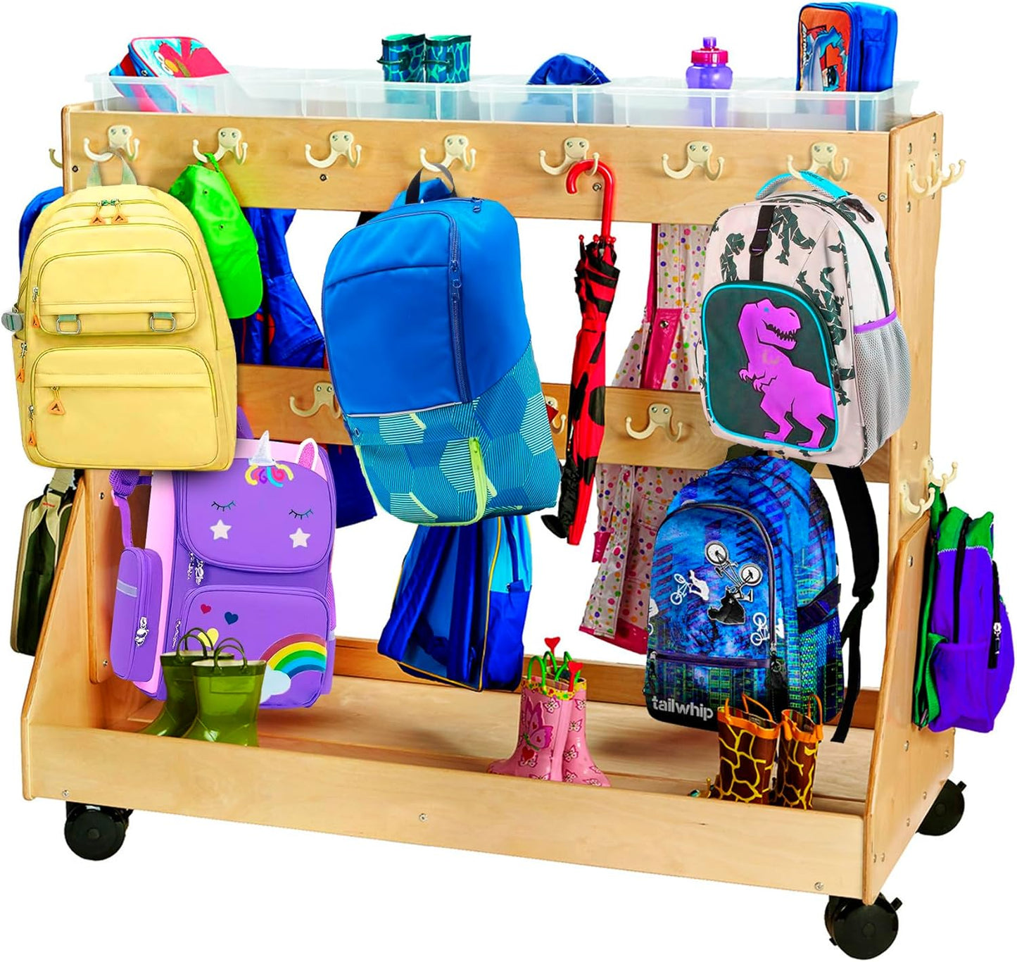 Rolling Backpack cart and Classroom Cubbies for Daycare,  Storage with Coat Hooks and Wheels, Wooden