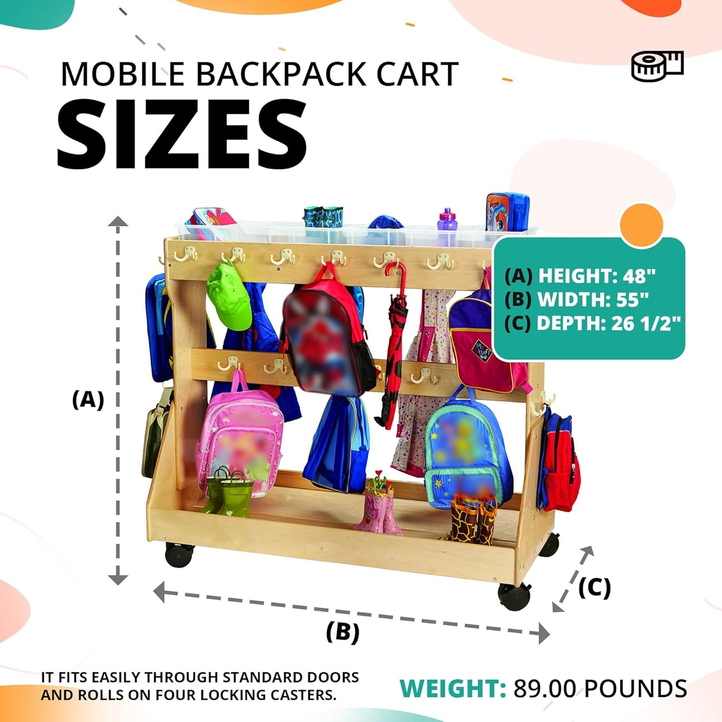 Rolling Backpack cart and Classroom Cubbies for Daycare,  Storage with Coat Hooks and Wheels, Wooden