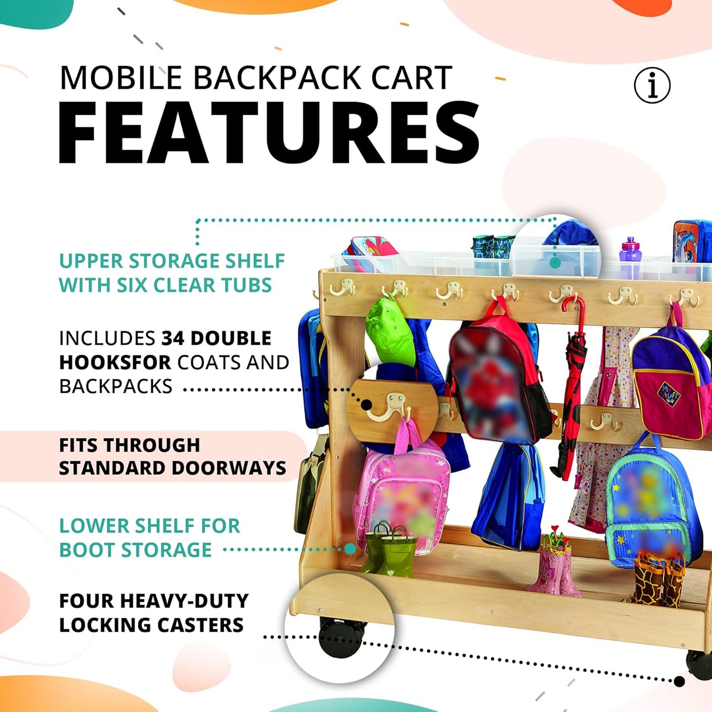 Rolling Backpack cart and Classroom Cubbies for Daycare,  Storage with Coat Hooks and Wheels, Wooden