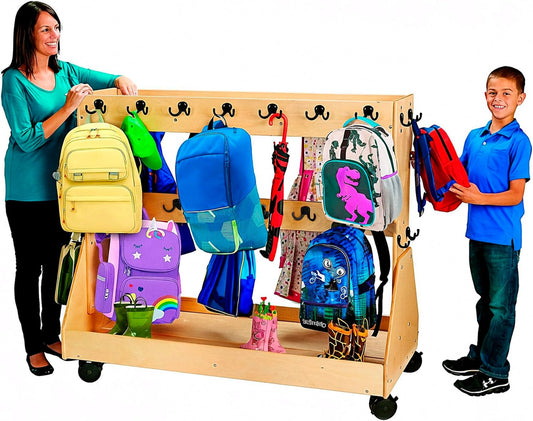 Rolling Backpack cart and Classroom Cubbies for Daycare,  Storage with Coat Hooks and Wheels, Wooden