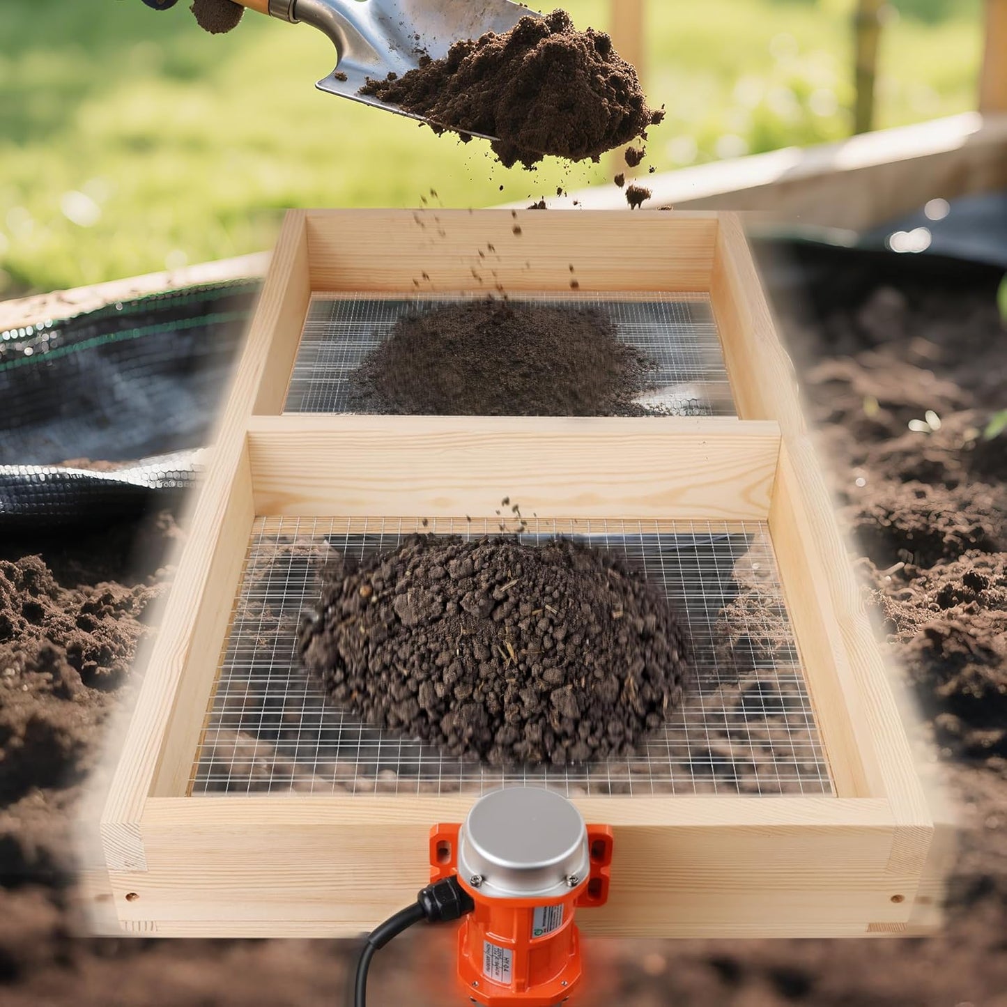 Soil Sifter, 40W Adjustable Vibration Motor and Dual Mesh Sizes, 39' x 19.5' Wooden Automatic Compost Sieve