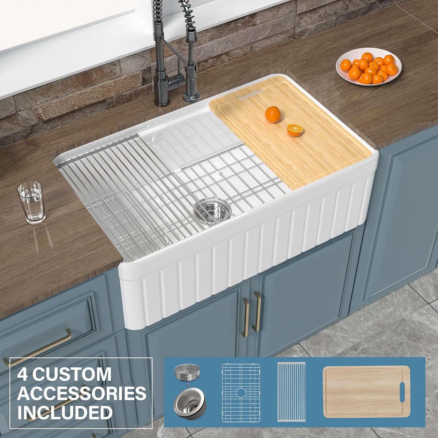 White Farmhouse Workstation Sink 33 x 20 Inch, Firecaly Apron Front Undermount Farm Sink, Heavy Duty