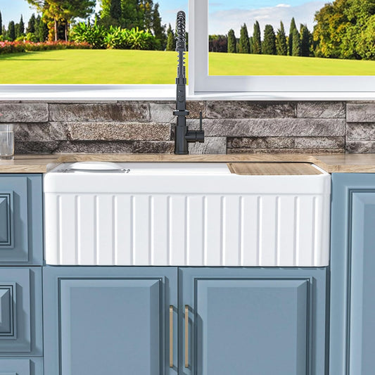 White Farmhouse Workstation Sink 33 x 20 Inch, Firecaly Apron Front Undermount Farm Sink, Heavy Duty