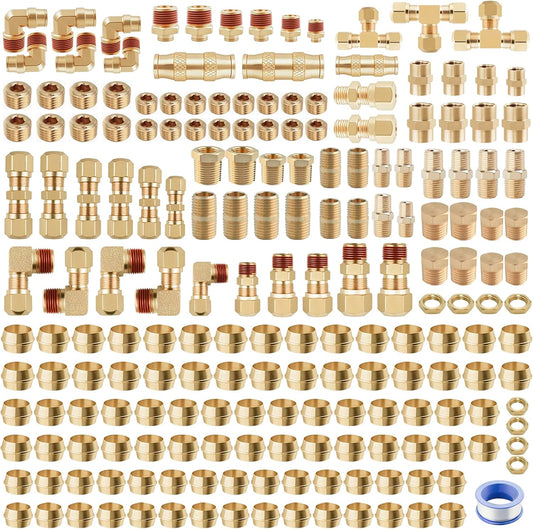 220Pcs Brass DOT Air Line Fittings, Push Lock & Air Nylon Tube Compression Fittings Kits,1/4' 1/8' 3/8' 1/2' NPT