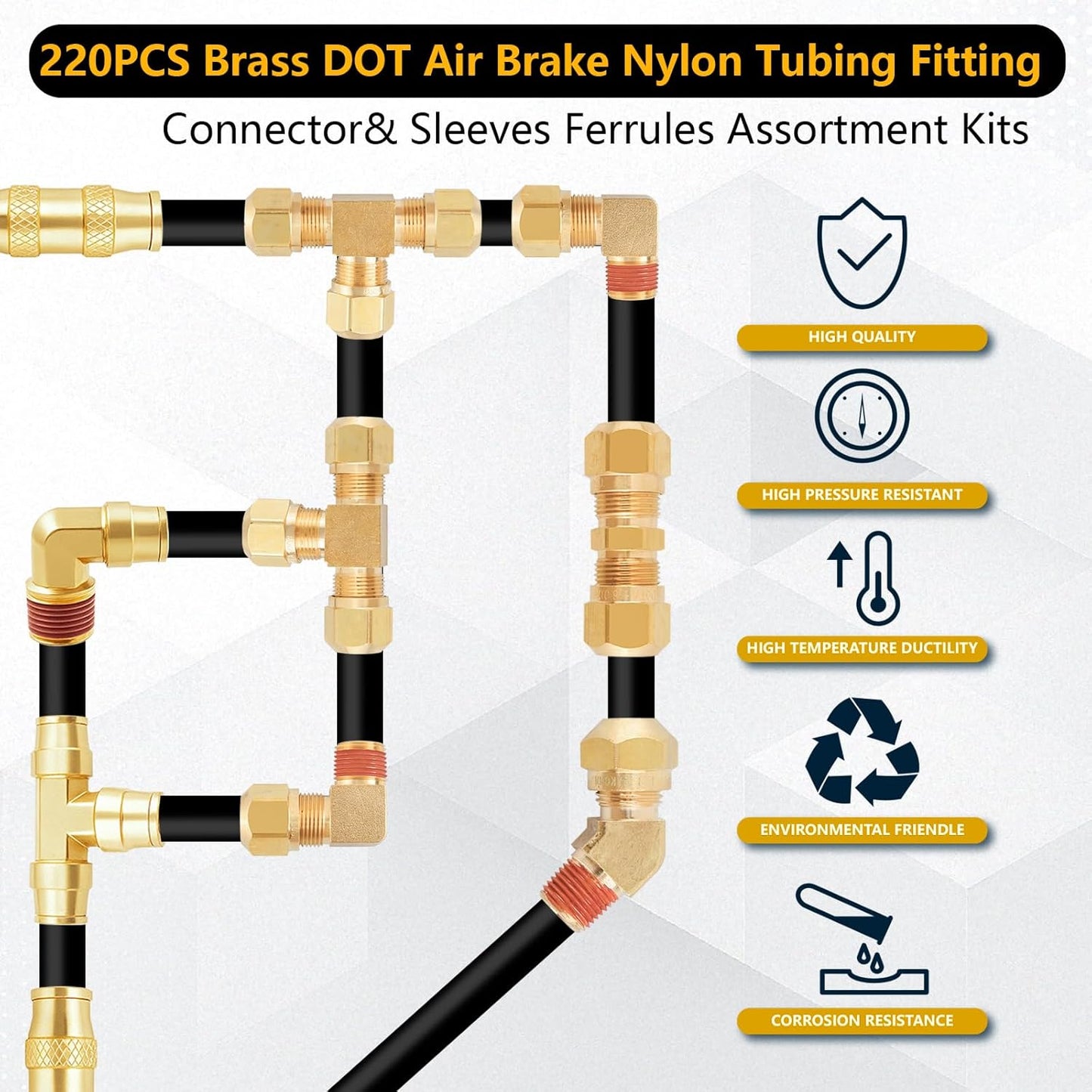 220Pcs Brass DOT Air Line Fittings, Push Lock & Air Nylon Tube Compression Fittings Kits,1/4' 1/8' 3/8' 1/2' NPT