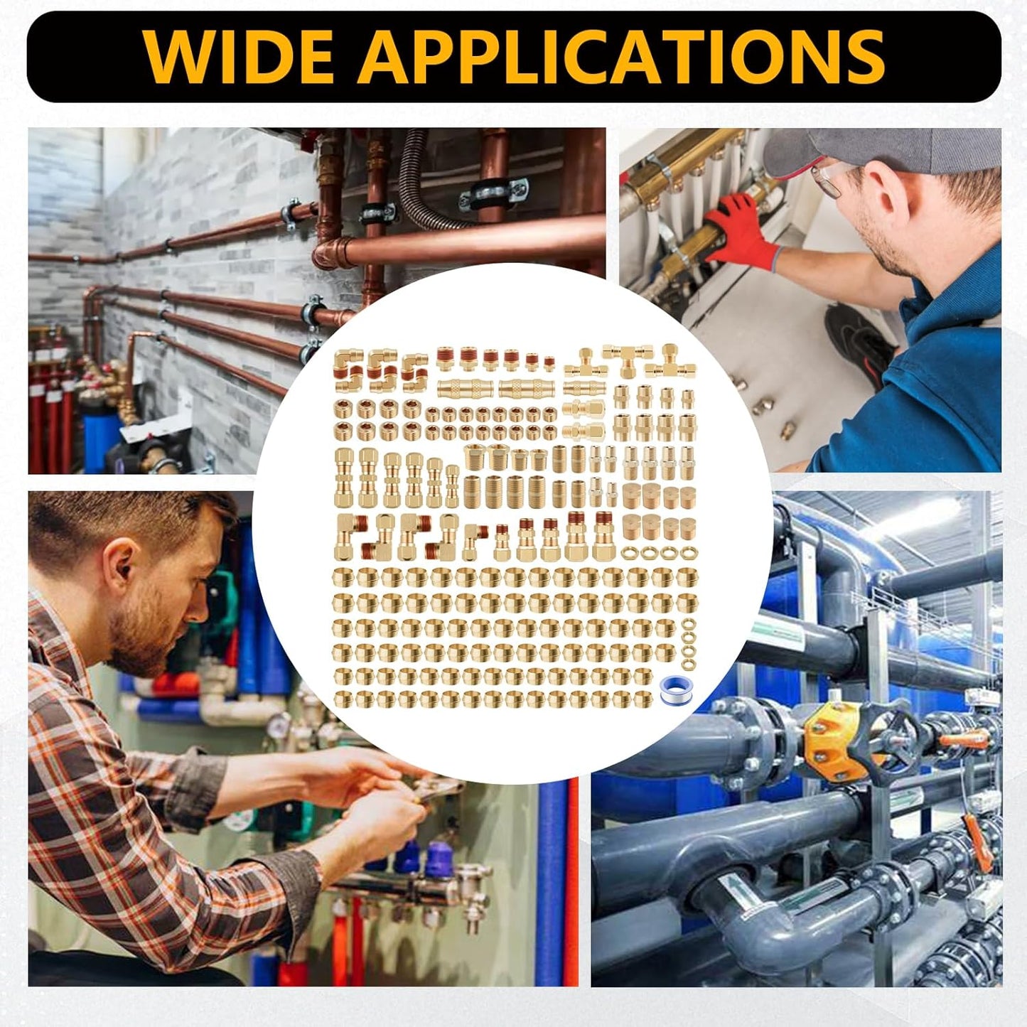 220Pcs Brass DOT Air Line Fittings, Push Lock & Air Nylon Tube Compression Fittings Kits,1/4' 1/8' 3/8' 1/2' NPT