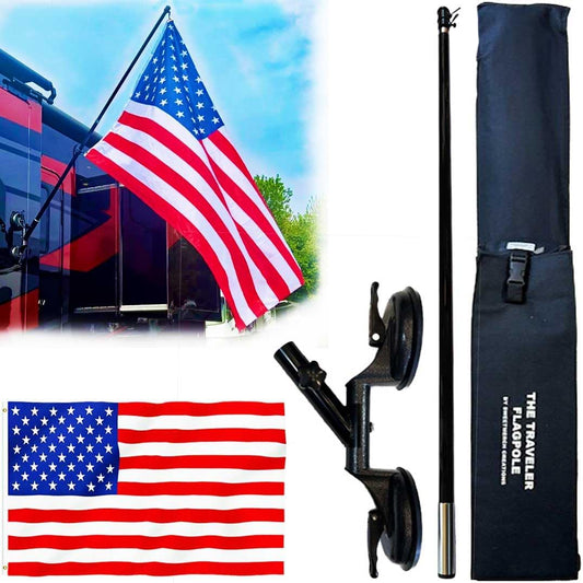 The Traveler RV Suction Cup Flag Pole Kit. Includes Double Suction Cup Mount, 5ft Retractable Pole, Flag 3'x5'