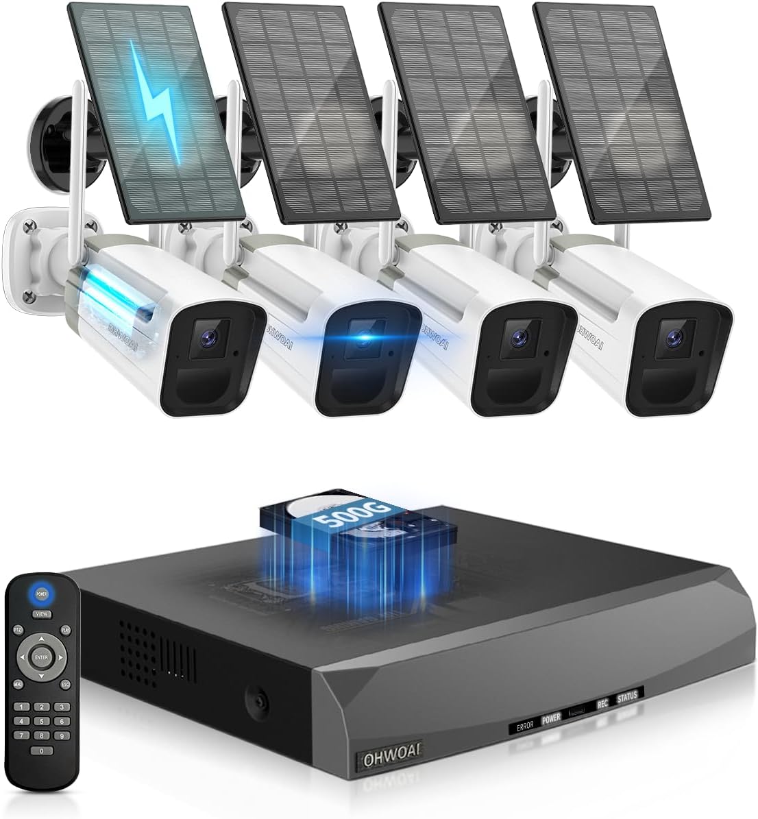 4-Antenna NVR, Wireless Outdoor Security Camera System, Solar Powered WiFi Cameras with PIR Motion Detection