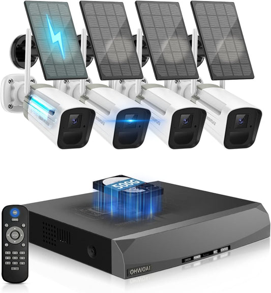 4-Antenna NVR, Wireless Outdoor Security Camera System, Solar Powered WiFi Cameras with PIR Motion Detection