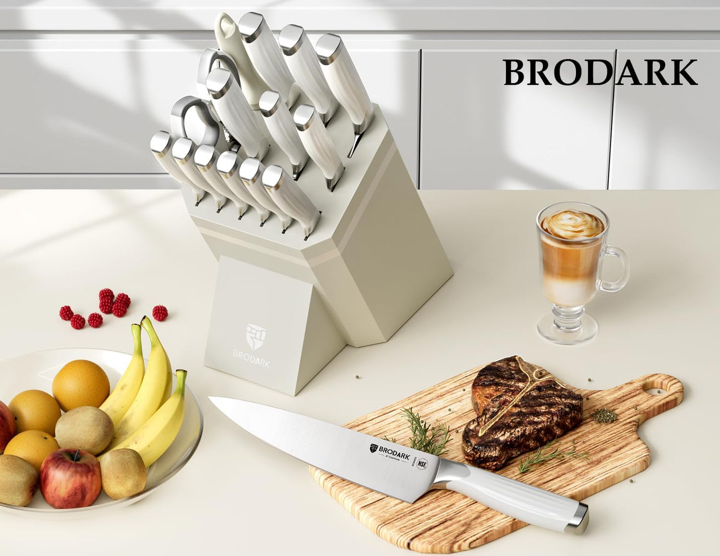 15-Piece Kitchen Knife Set with Block and Sharpening Rod, Full Tang German Stainless Steel Knife Block Set