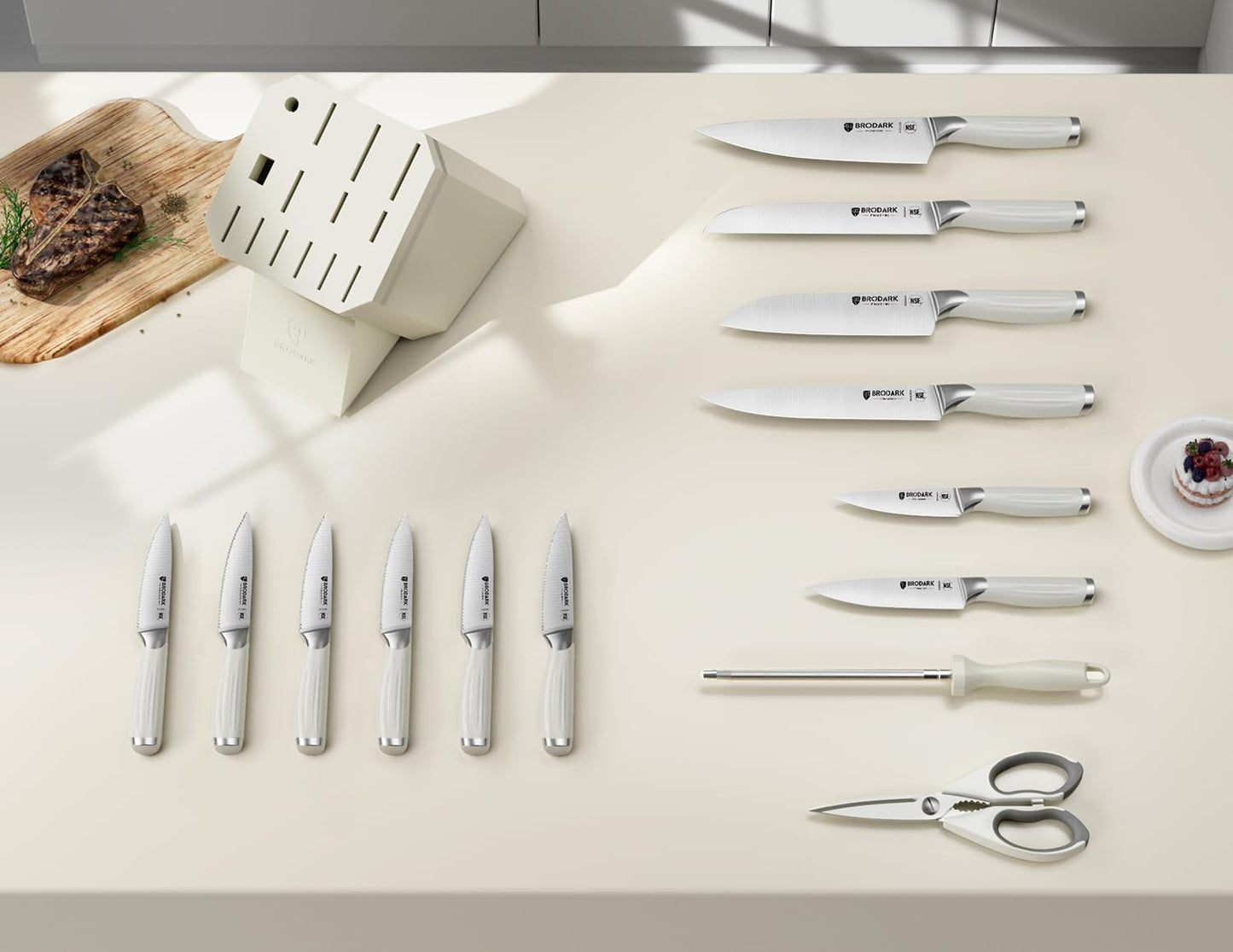 15-Piece Kitchen Knife Set with Block and Sharpening Rod, Full Tang German Stainless Steel Knife Block Set