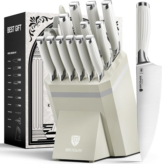 15-Piece Kitchen Knife Set with Block and Sharpening Rod, Full Tang German Stainless Steel Knife Block Set