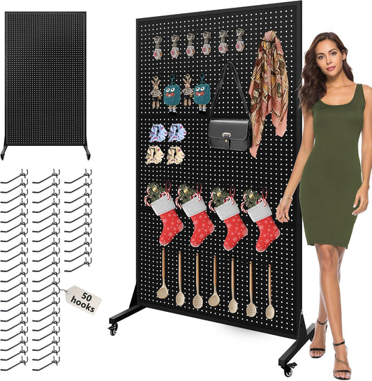 3.5 x 6 Feet Metal Pegboard with 50 Hooks, Wheels, and T-Base, Large Display