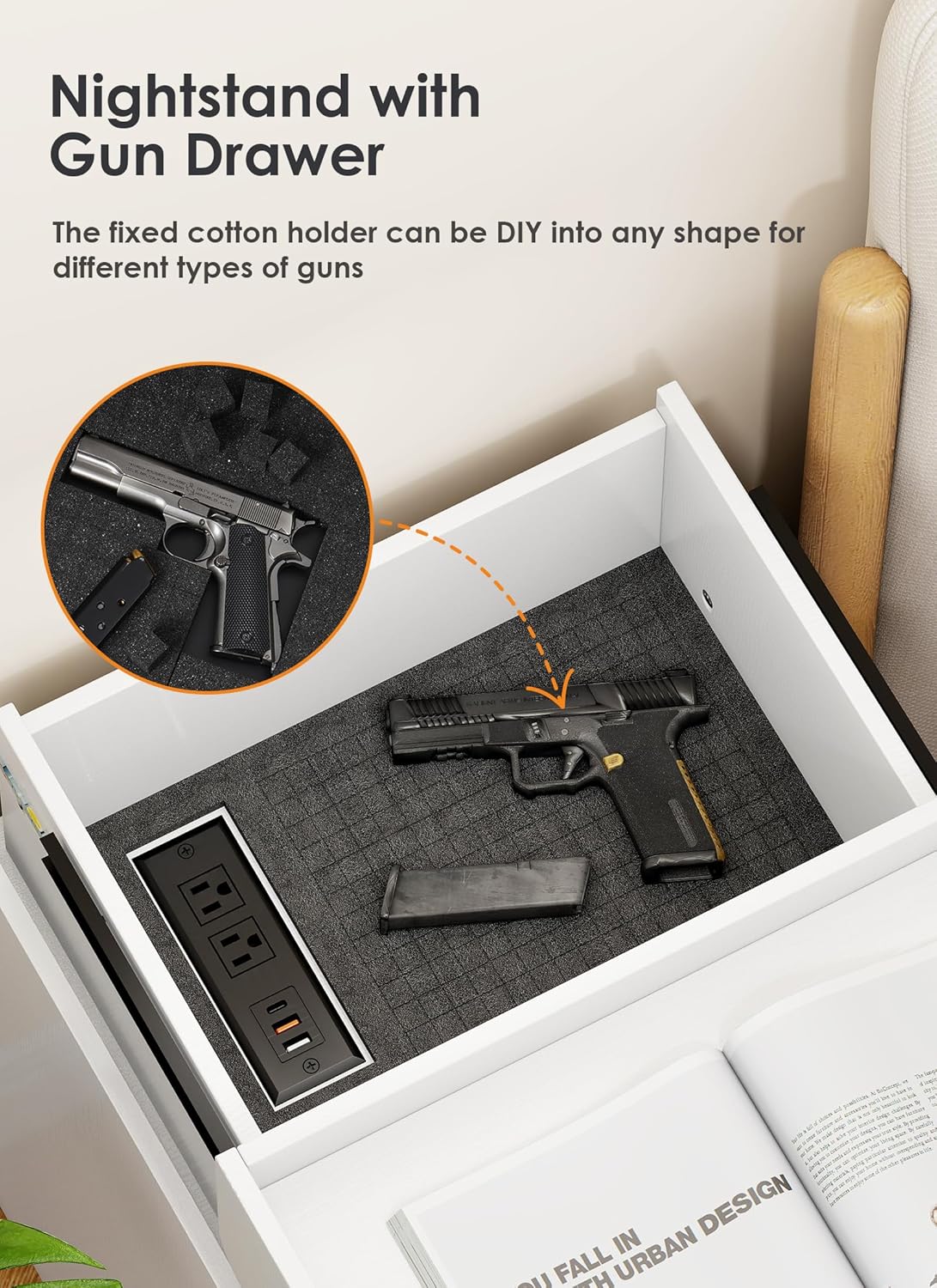 Narrow LED Night Stand with Gun Drawer, W/ USB & Type-C Charging Port