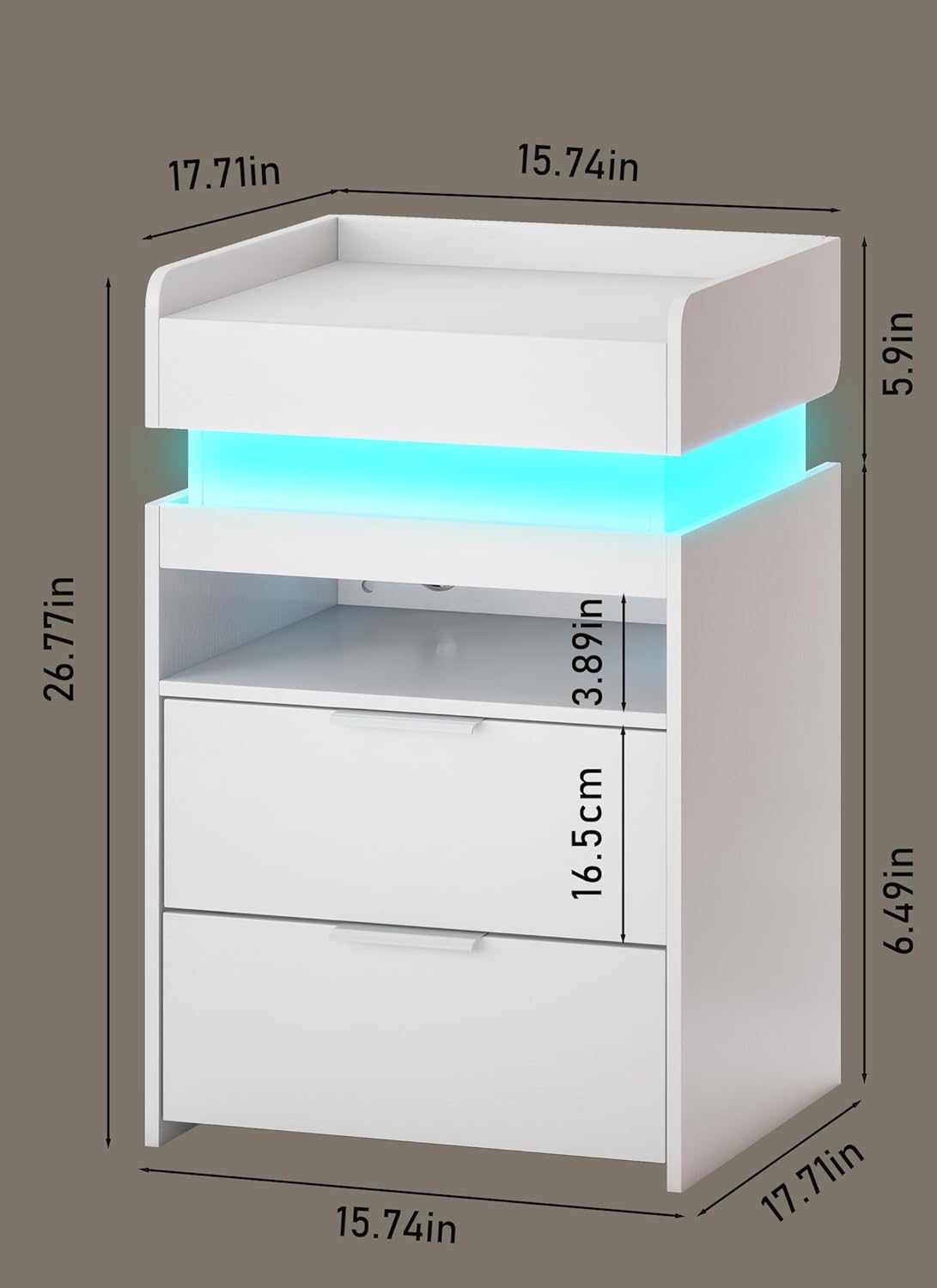Narrow LED Night Stand with Gun Drawer, W/ USB & Type-C Charging Port